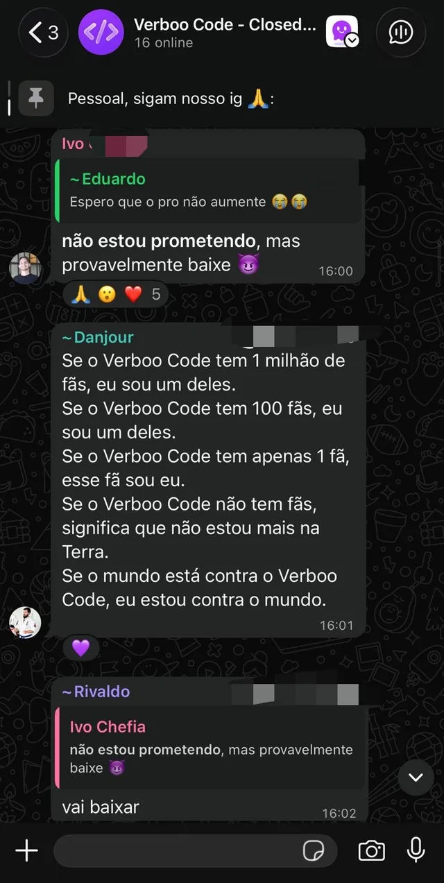 A comunidade declarando amor ao Verboo Code